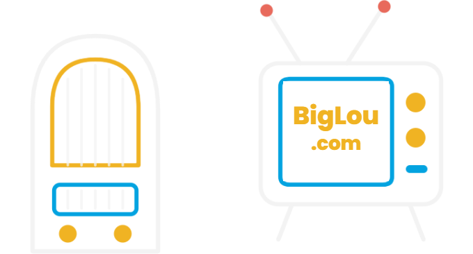 Line drawing of a vintage radio and a retro television showing BigLou.com on screen